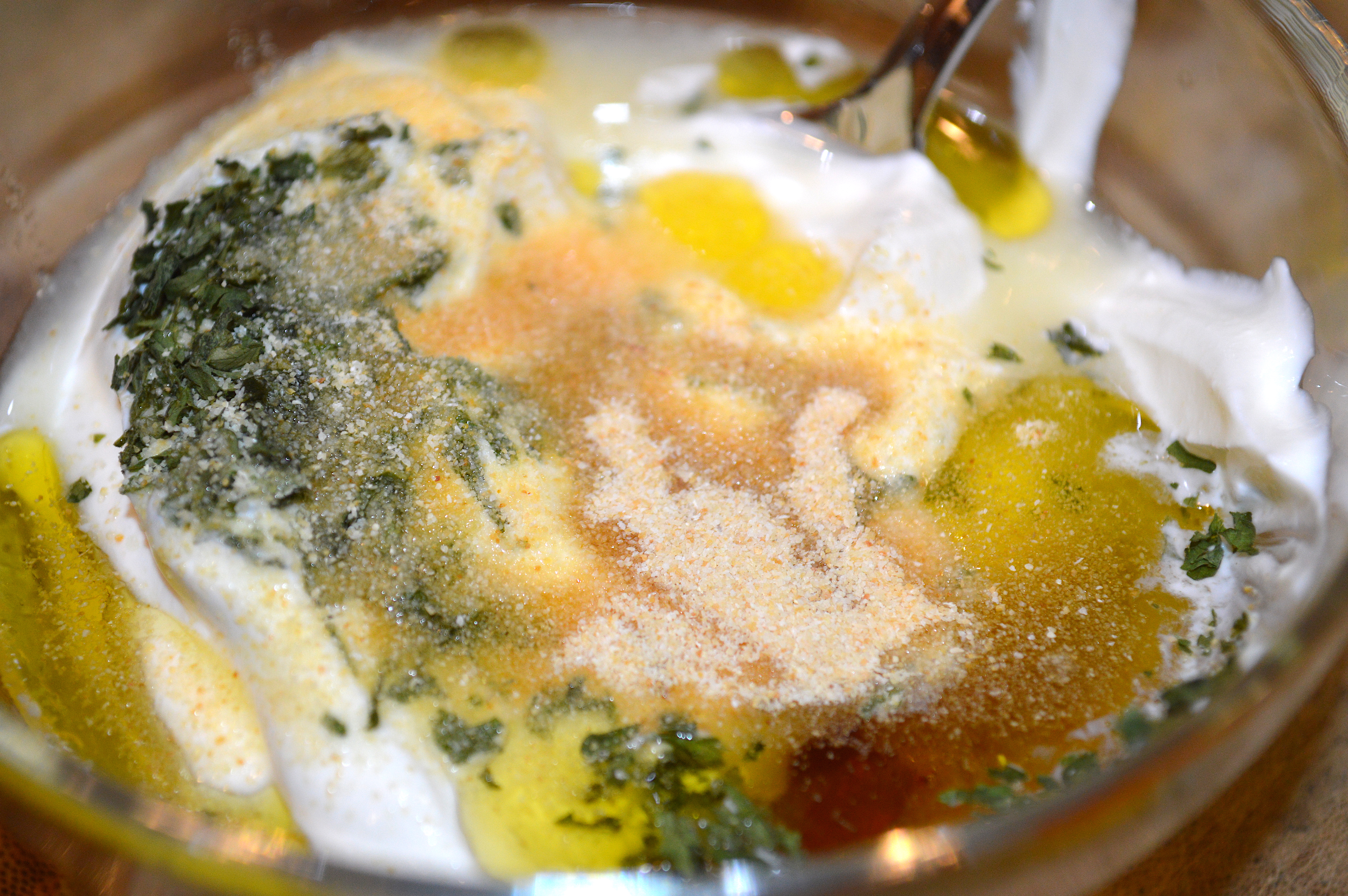 Sour Cream, Egg Yolk, Honey, Parsley, Garlic Powder, Olive Oil, Salt and Pepper